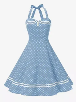 Robe rétro glamour années 50 à carreaux aquatiques dos nu boutons sans manches décolleté c艙ur taille M style rockabilly