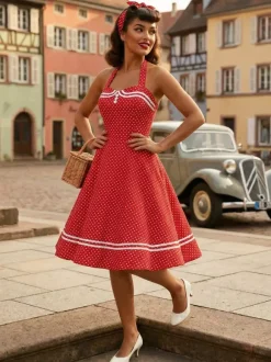 Robe rétro glamour années 50 à carreaux aquatiques dos nu boutons sans manches décolleté c艙ur taille M style rockabilly