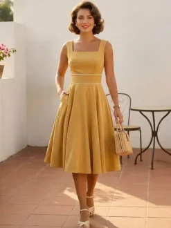 Robe rétro glamour style années 50 passepoil bleu ciel sans manches col carré taille M style rockabilly