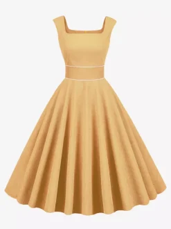 Robe rétro glamour style années 50 passepoil bleu ciel sans manches col carré taille M style rockabilly