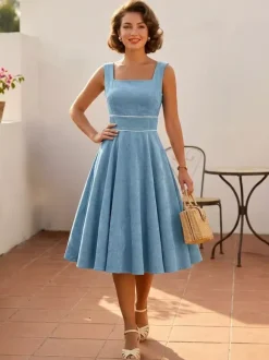 Robe rétro glamour style années 50 passepoil bleu ciel sans manches col carré taille M style rockabilly