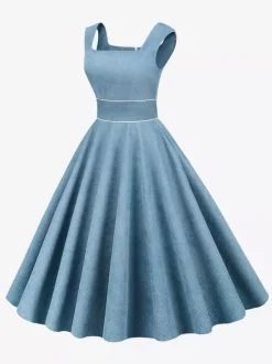 Robe rétro glamour style années 50 passepoil bleu ciel sans manches col carré taille M style rockabilly