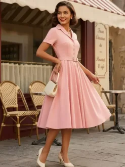 Robe rétro glamour style années 50 col en V boutons manches courtes superposées taille M style rockabilly