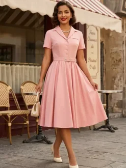 Robe rétro glamour style années 50 col en V boutons manches courtes superposées taille M style rockabilly