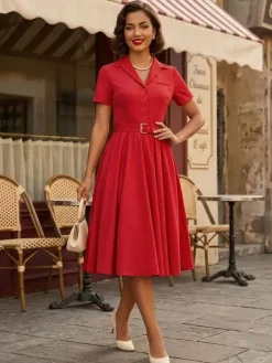 Robe rétro glamour style années 50 col en V boutons manches courtes superposées taille M style rockabilly