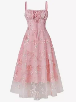 Robe rétro rose brodée coupe trapèze style années 50 robe midi évasée pour femme 2026
