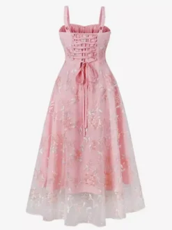 Robe rétro rose brodée coupe trapèze style années 50 robe midi évasée pour femme 2026