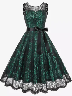 Robe rétro verte style années 50 bicolore ceinture sans manches col en V taille moyenne style rockabilly