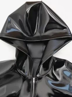 Robe sexy en latex avec fermeture éclair élastique uniforme body moulant à manches longues et capuche tenue de soirée midi sexy