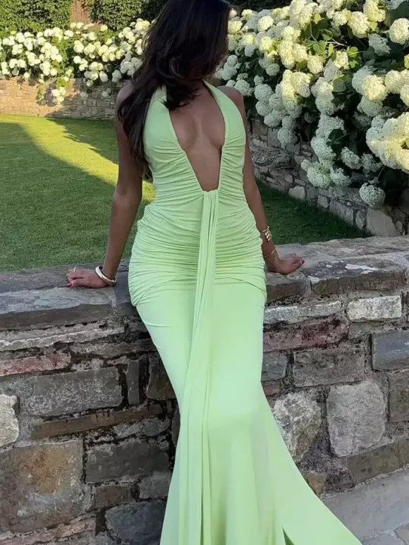 Robe sirène moulante à col V profond et froncée longueur au sol pour femme 2026