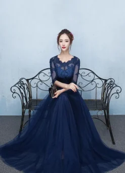 Robe soirée 2026 bleu en dentelle robe de bal demi-manche longueur au sol robe d'invité de mariage