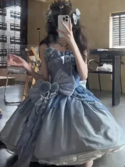 Robe Sweet Lolita avec n艙uds et chaîne de perles sur le côté robe JSK Lolita