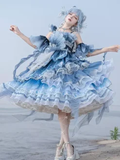 Robe Sweet Lolita bleu foncé sans manches style Tea Party imprimé floral jupe en organza avec détails en dentelle mode Kawaii