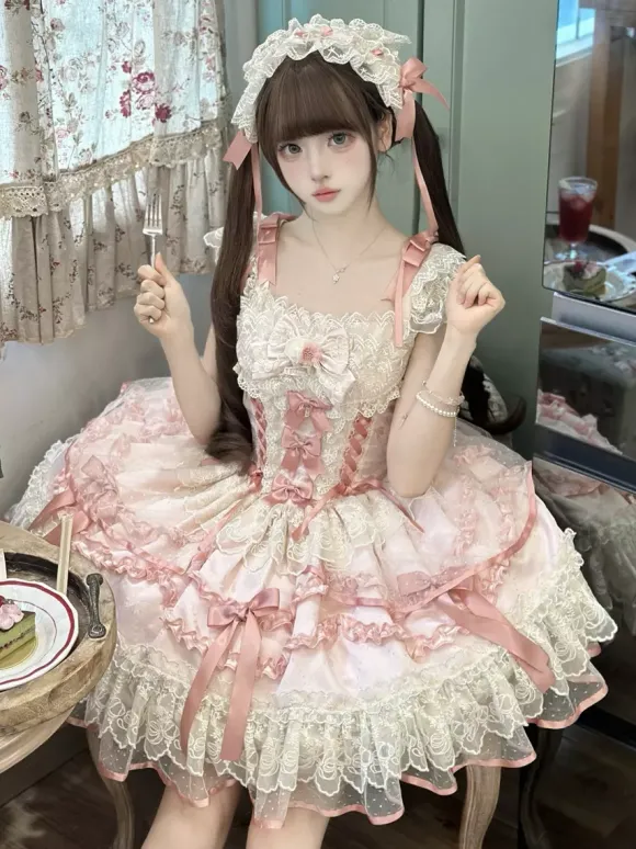 Robe Sweet Lolita en polyester sans manches avec n艙uds et jupe pull rose