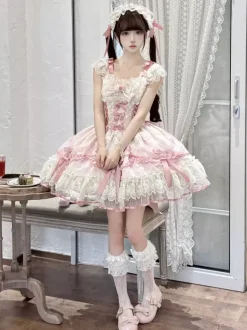 Robe Sweet Lolita en polyester sans manches avec n艙uds et jupe pull rose