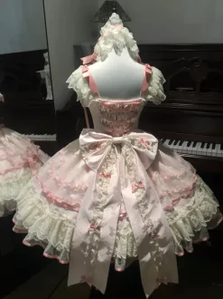 Robe Sweet Lolita en polyester sans manches avec n艙uds et jupe pull rose