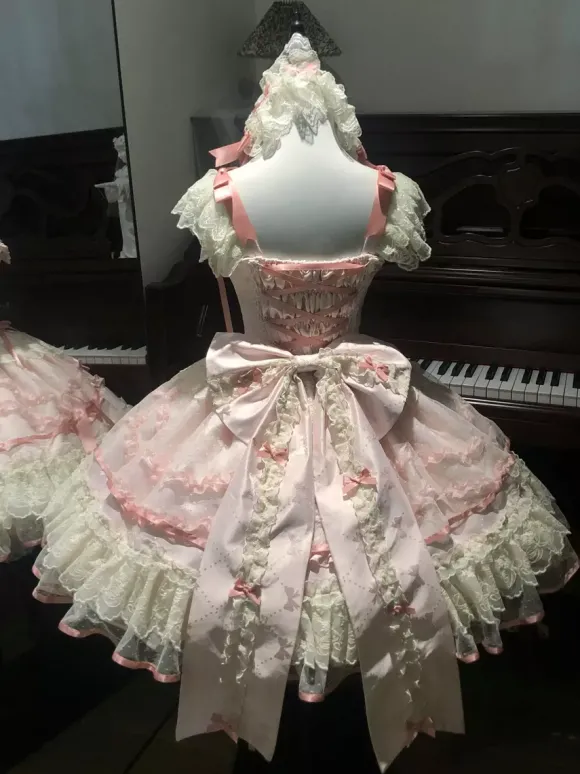 Robe Sweet Lolita en polyester sans manches avec n艙uds et jupe pull rose