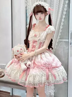 Robe Sweet Lolita en polyester sans manches avec n艙uds et jupe pull rose