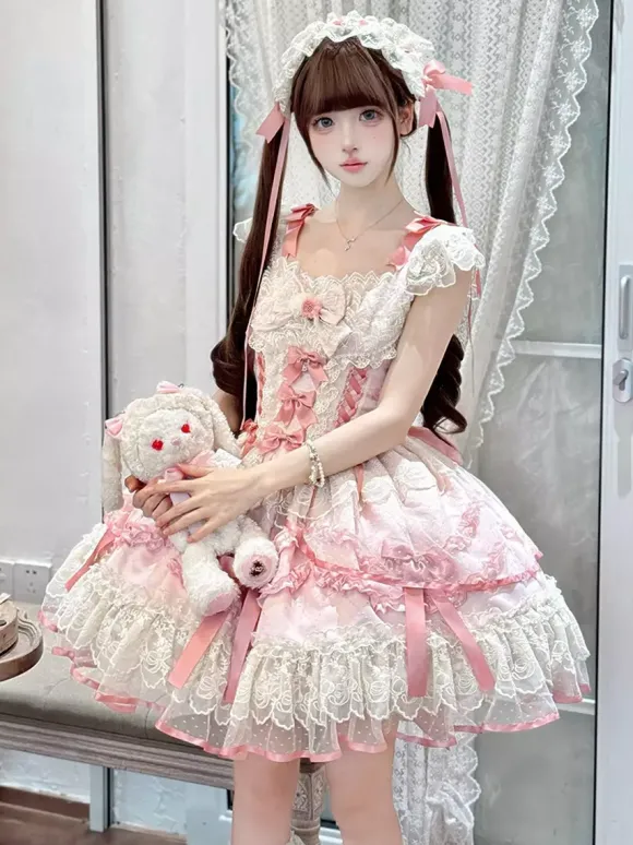 Robe Sweet Lolita en polyester sans manches avec n艙uds et jupe pull rose