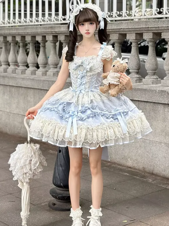 Robe Sweet Lolita en polyester sans manches avec n艙uds et jupe pull rose