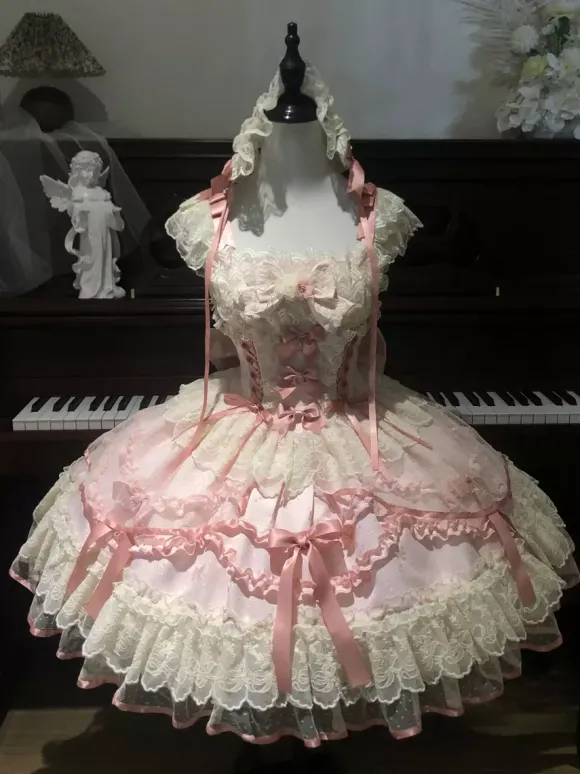 Robe Sweet Lolita en polyester sans manches avec n艙uds et jupe pull rose
