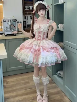 Robe Sweet Lolita en polyester sans manches avec n艙uds et jupe pull rose