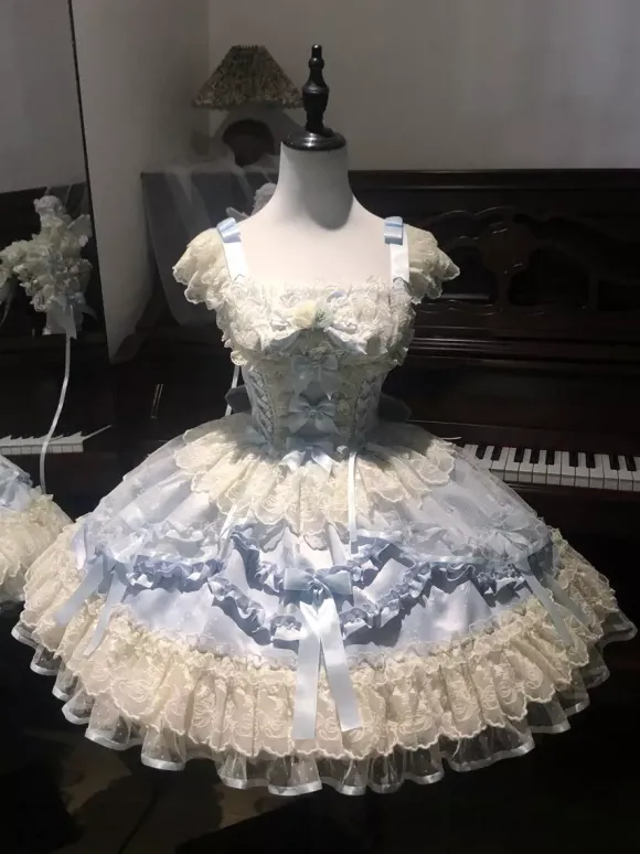 Robe Sweet Lolita en polyester sans manches avec n艙uds et jupe pull rose