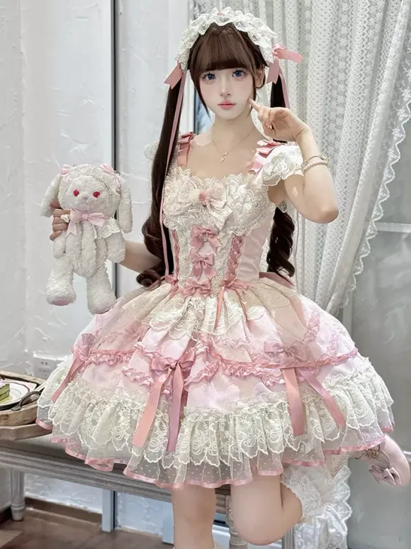 Robe Sweet Lolita en polyester sans manches avec n艙uds et jupe pull rose