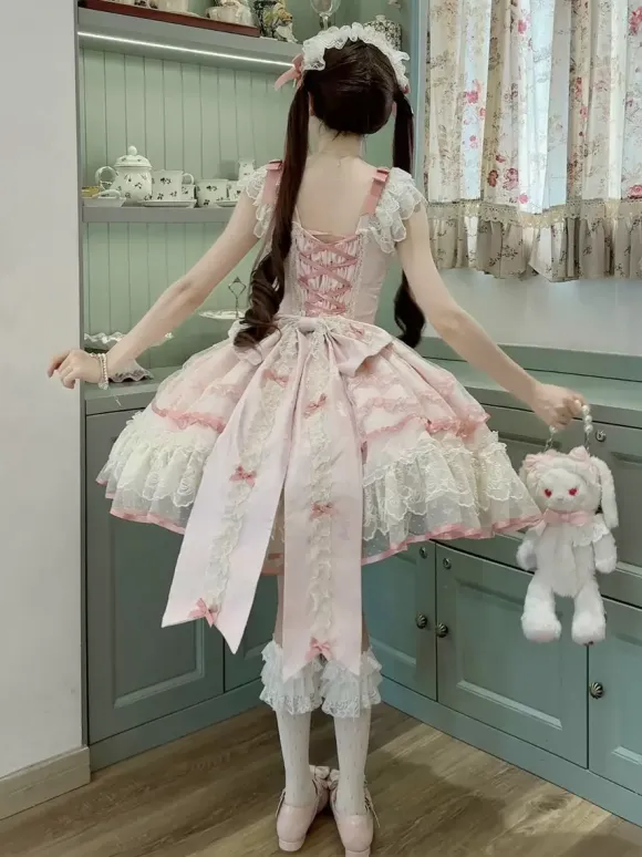 Robe Sweet Lolita en polyester sans manches avec n艙uds et jupe pull rose