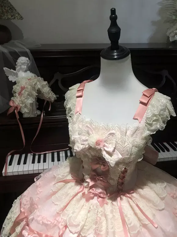 Robe Sweet Lolita en polyester sans manches avec n艙uds et jupe pull rose