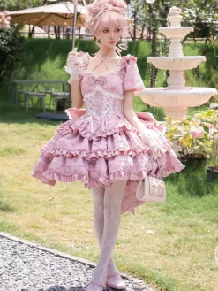 Robe Sweet Lolita Puff Rose OP Lolita Princess Dress Bow Train détachable