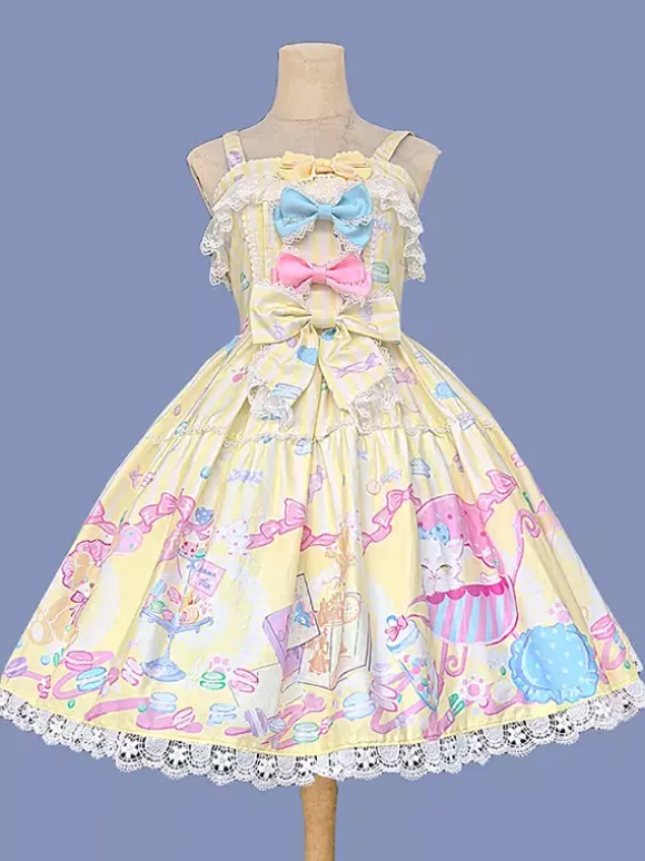 Robe Sweet Lolita sans manches à n艙uds pull robe jaune féerique
