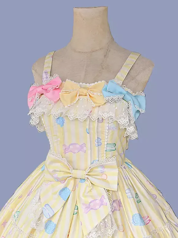 Robe Sweet Lolita sans manches à n艙uds pull robe jaune féerique