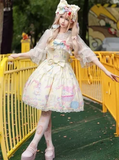 Robe Sweet Lolita sans manches à n艙uds pull robe jaune féerique
