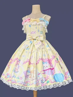 Robe Sweet Lolita sans manches à n艙uds pull robe jaune féerique