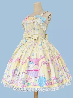 Robe Sweet Lolita sans manches à n艙uds pull robe jaune féerique