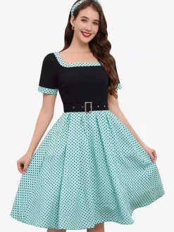 Robe swing vintage années 1950 robe à pois contrastés col carré robe de thé