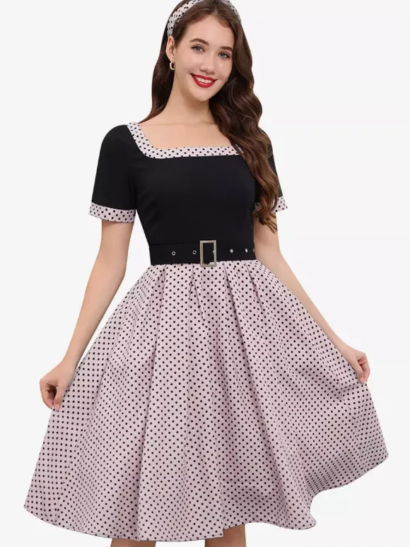 Robe swing vintage années 1950 robe à pois contrastés col carré robe de thé