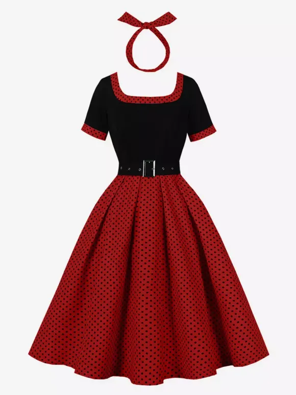 Robe swing vintage années 1950 robe à pois contrastés col carré robe de thé