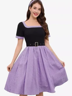 Robe swing vintage années 1950 robe à pois contrastés col carré robe de thé