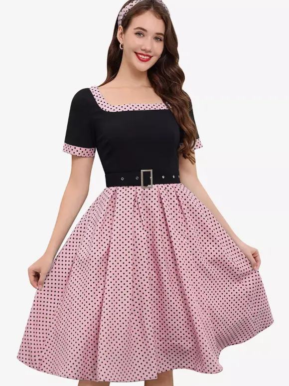 Robe swing vintage années 1950 robe à pois contrastés col carré robe de thé