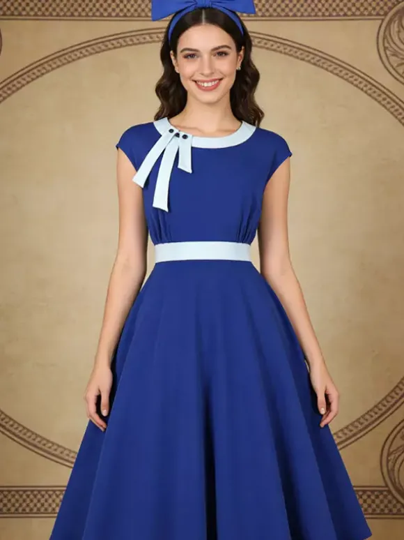 Robe swing vintage pour femme années 1950 ornée de détails contrastés col à n艙ud idéale pour un tea party.