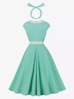 Robe swing vintage pour femme années 1950 ornée de détails contrastés col à n艙ud idéale pour un tea party.
