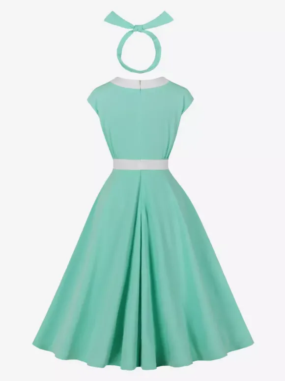 Robe swing vintage pour femme années 1950 ornée de détails contrastés col à n艙ud idéale pour un tea party.