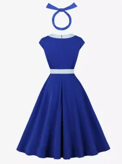 Robe swing vintage pour femme années 1950 ornée de détails contrastés col à n艙ud idéale pour un tea party.