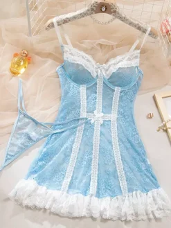 Robe transparente en dentelle bleu ciel clair à imprimé floral Babydolls Lingerie