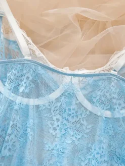 Robe transparente en dentelle bleu ciel clair à imprimé floral Babydolls Lingerie