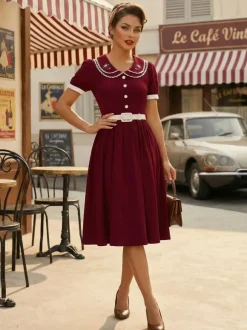 Robe trapèze à manches bouffantes col Peter Pan et broderies double épaisseur collection femme 2026