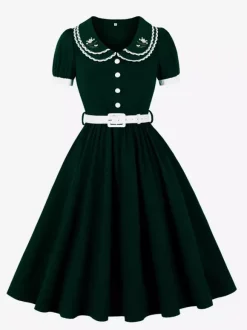 Robe trapèze à manches bouffantes col Peter Pan et broderies double épaisseur collection femme 2026