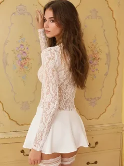 Robe trapèze à superposition de dentelle mini robe de soirée transparente à manches longues pour femmes 2026